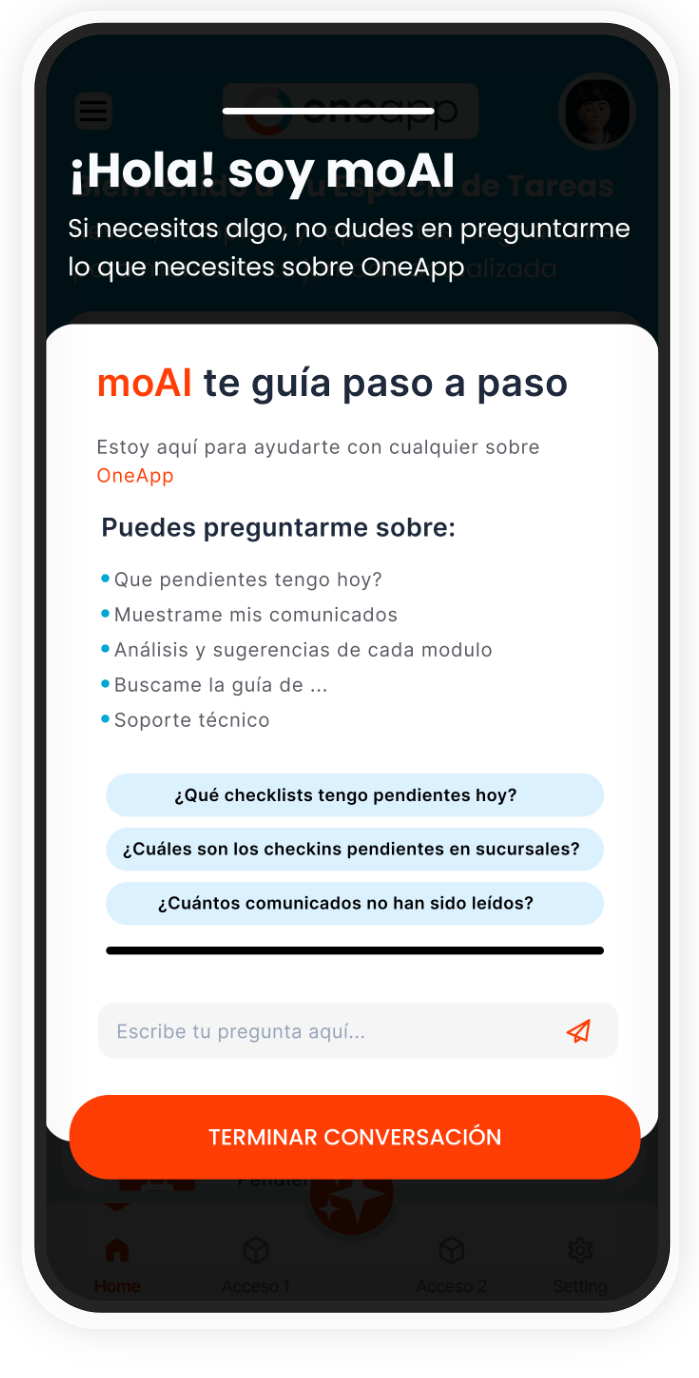 Inteligencia Artificial integrada de forma nativa en OneApp que guía y ayuda a los colaboradores a mejorar su desempeño